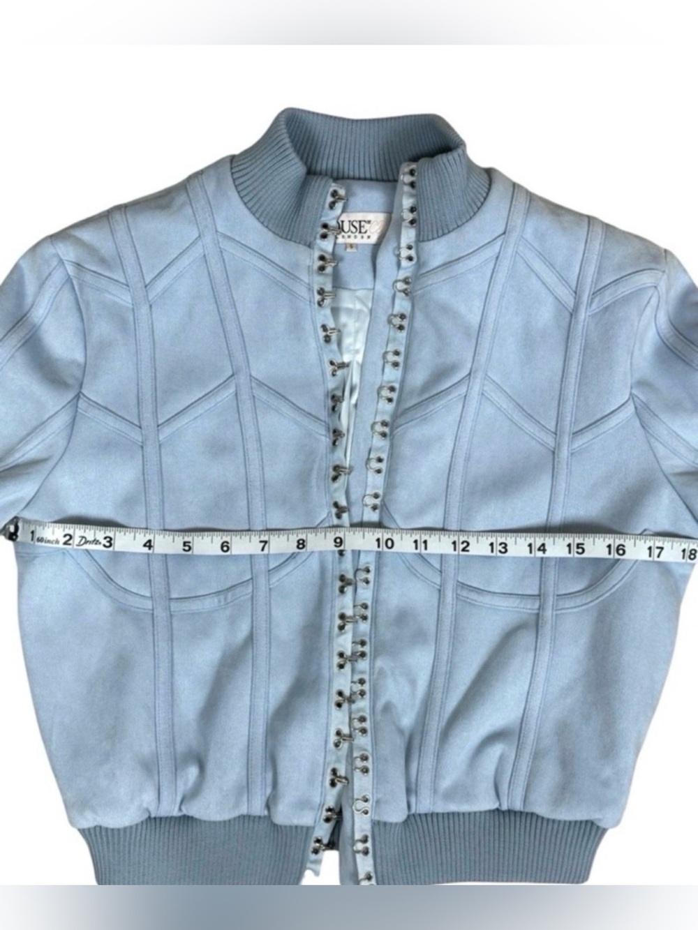 House of CB Rafal Powder Blue Faux Suede Corset Bomber Cropped Y2K S - Picture 12 of 16
